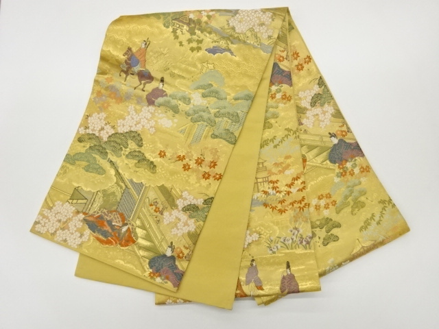  木々に屋敷・人物模様織出し全通袋帯